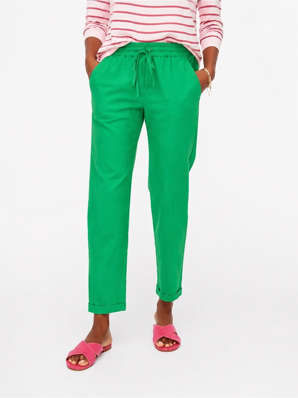 NWT J.Crew Linen Cotton Drawstring Pants Green Size 2 AW839